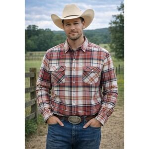 Cinch Mens XL Plaid Button Down Shirt Long Sleeve Western Red Green Cotton